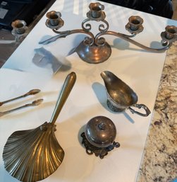 RUS Vintage Serving Items, Butler Crumb Tray, Gravy Boat, Candlestick Holder, Butler Bell, Some Silver Plate