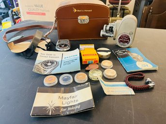 R0 Vintage Bell & Howell 134 Movie Camera W/Case, Weston Master III Exposure Meter