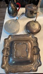 RUS Serving Ware Including Two Butler Crumb Trays, A Lidded Serving Dish, And More, Some Silver Plate