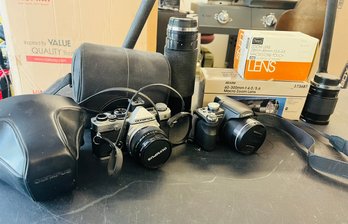 R0 Vintage Camera Equipment Olympus OM-2n Camera, Panasonic DMC-FZ28 Digital Camera, Sears 60-300 Macro Zoom