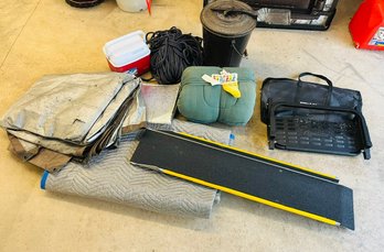 R0 Hitchmate Step, Wheelbarrow Ramp, Moving Blanket, Tarp, Ash Bucket, Rope, Sleeping Bag, Cooler