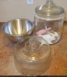 R4 Large Glass Jar, Metal Mixing Bowl And Glass Cake Cover