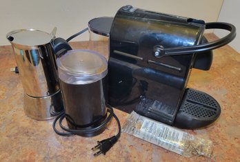 R4 DeLonghi Nespresso Machine, Krups Coffee Grinder, Bialetti Mocha Pot