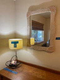 Vintage Lamp, Mirror And Wire Basket