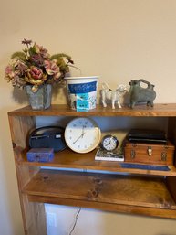 2 Kindles, Decorative Flower And Vase, Vintage Wood Box, Synosis Healthy Ball And Clocks.