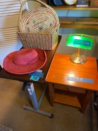 Wooden Side Table, TV Bed Tray, Baskets, Lamp, Sun Hat And Wicker Handbag