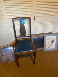 Wooden Chair With Padded Seat , Three Piece Triptych Wall Art And 2 Other Framed Pieces Of Art