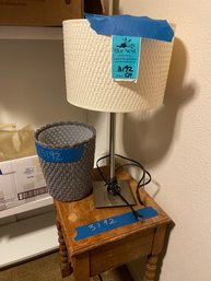 Lamp, Wooden Side Table,  And Wastebasket