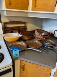 Pyrex Bowls, Wood Bowls,  And Gotham Frying  Pans With Lids, Spice Rack And 3 Baskets