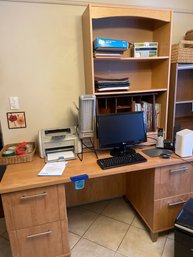 Wooden Desk With 4 Drawers And Shelving, Measures:  69in X 29in X 30in  And Office Supplies