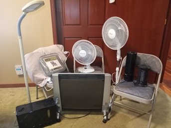 R5 Mixed Household Lot To Include Fans, Heater, Humidifier, Lamp, Folding Chairs, And More