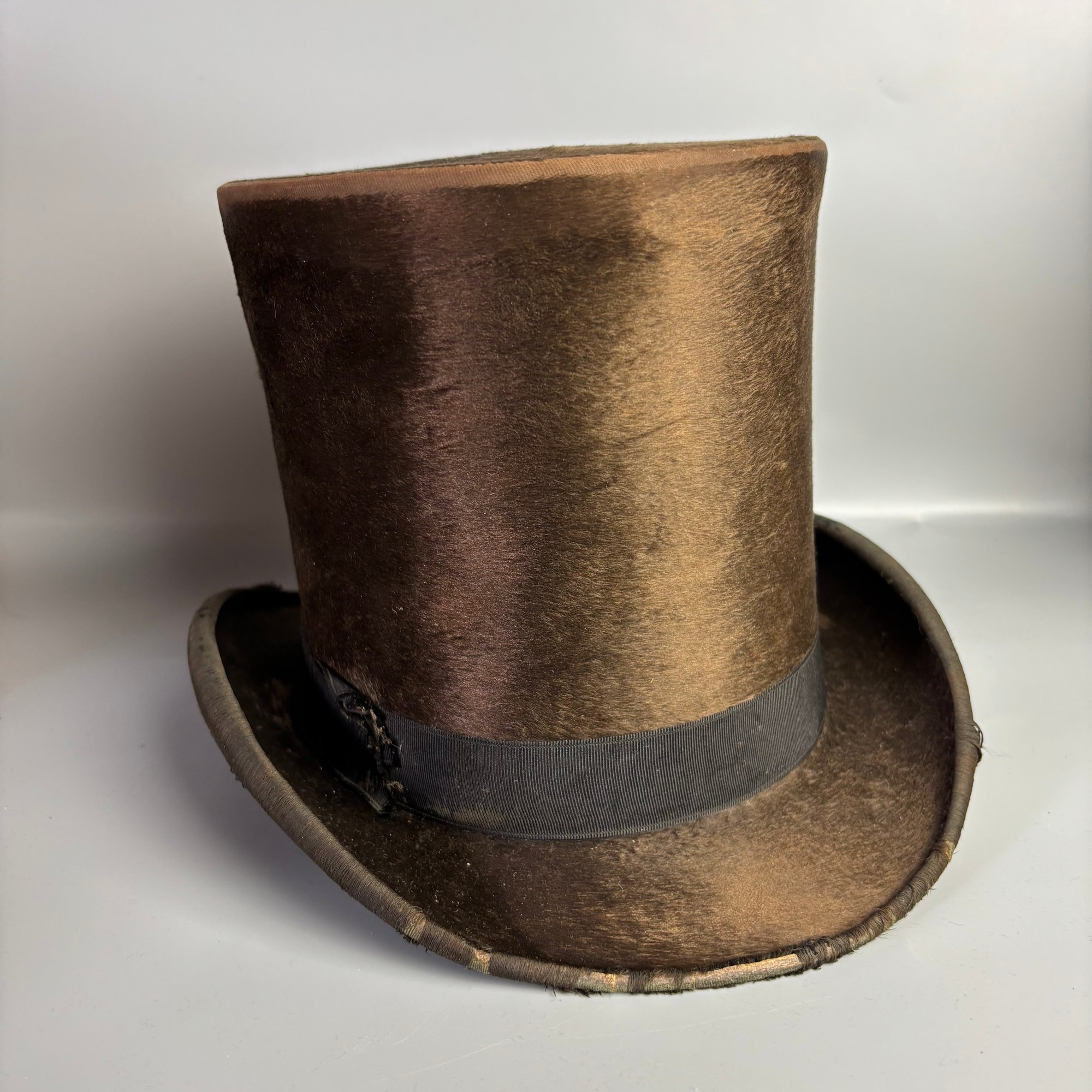 Antique Beaver Fur Felted Top Hat And Box #22538