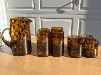 Hand Blown Tortoise Shell Glass Pitcher And Glass Set