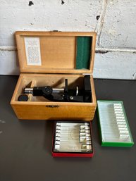 Wollensak Rochester Microscope In Original Dovetailed Box With 2 Trays Of Slides