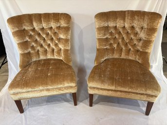 Mid Century Hollywood Regency Button Tufted Camel / Gold Toned Velvet Chairs