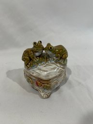 Heart Shaped Ceramic Double Frog Lidded Trinket Dish