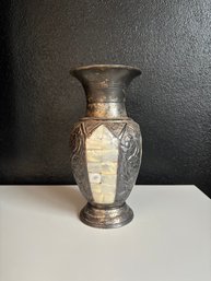 Floral Pattern Silver Plated Vase With Mother Of Pearl Inlay