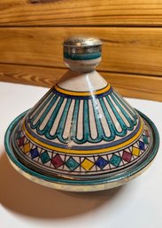Moroccan Hand-Painted Ceramic Tagine With Metal Rim