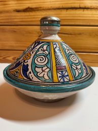 Moroccan Hand-Painted Ceramic Tagine With Metal Rim
