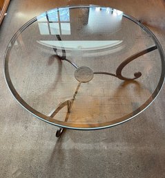 Round Glass Coffee Table With Metal Scroll Base