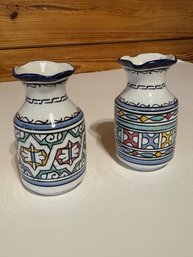 Pair Of Hand-Painted Mini Moroccan Ceramic Vases
