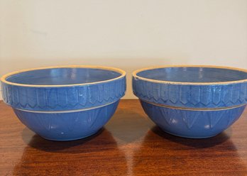 Pair Of Antique Blue Stoneware Mixing Bowls