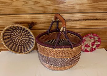 Handwoven African Market Basket With Leather Handles & Decorative Plates/Bowls