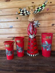 Mackenzie-Childs Holiday Moose Figure With Matching Metal Buckets