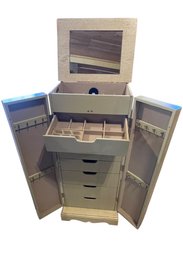Wooden Jewelry Armoire With Mirror, Drawers & Side Storage