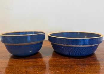 Pair Of Antique Cobalt Blue Stoneware Mixing Bowlsc