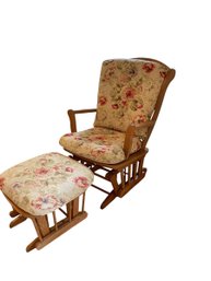 Solid Oak Glider Rocker & Ottoman With Floral Upholstery