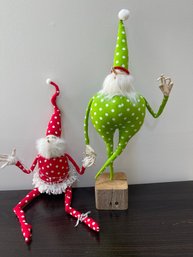 Whimsical Set Of 2 Handmade Polka Dot Christmas Elf Figures