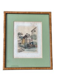 19th Century Hand-Colored Genre Print  Riverside Courtship Scene