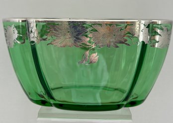 Green Glass Bowl With Silver Overlay