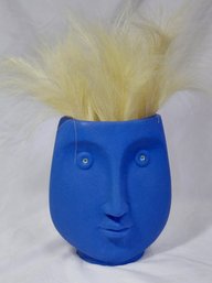 Blue Face Vase With Faux Pampas