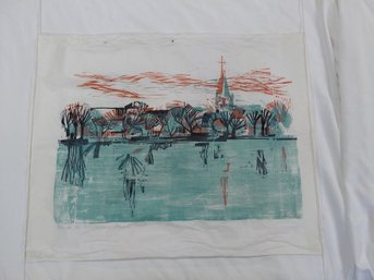 Multi-layer Block Print Waterfront Town Artwork - No Frame