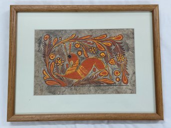 Mexican Hand Painted Bark Orange Bird - Wood Frame