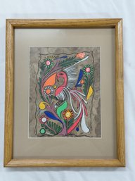Mexican Hand Painted Bark Pink Bird - Wood Frame