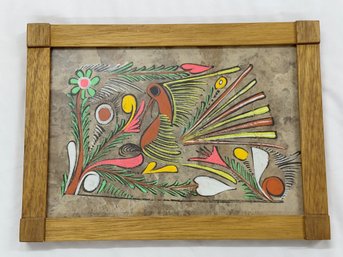 Mexican Hand Painted Multi-color Orange Bird - Wood Frame With Minimal Detail