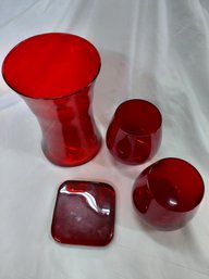 Red Vase, Weighted Stemless Wineglasses, And Square Block