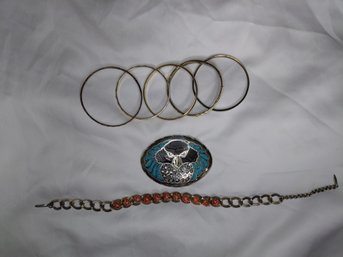 Vintage Choker - Navajo Stone Inlay Belt Buckle - Five Bangle Bracelets