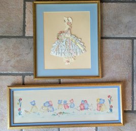 Framed  Girl In Dress And Girls With Geese On Fabric