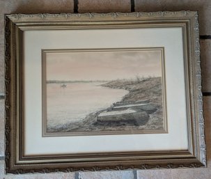 Watercolor Painting Of Boat On Shoreline -Signed Proctor