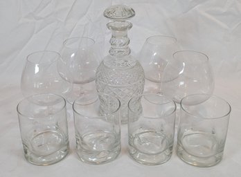 Crystal Decanter With Brandy Sniffers And Rocks Glasses