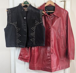 Red Faux Leather Jacket And Black Denim Vest