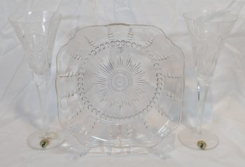 Two Crystal Flute Glasses With Crystal Plate