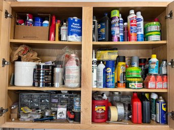 Huge Lot Double Cabinet Full Of Garage Supplies, Cleaners, Oils, Hardware, WD40, Misc Items