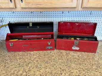 Lot Of Two Work Tool Boxes Red With Misc Tools