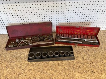 Lot Of Misc Metal Tool Kits Tool Boxes - Large Socket Sets Etc