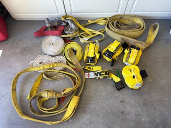 Lot Of Large Commercial Yellow Tow Straps And Strap Downs - Some New